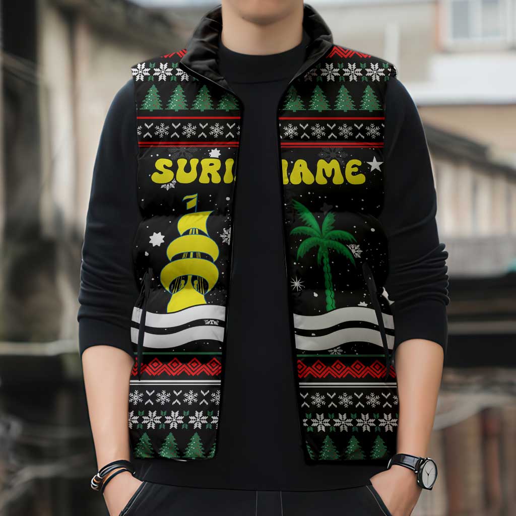 Suriname Christmas Sleeveless Puffer Jacket with Black Festive Pattern, Golden Ship, Palm Tree, and Coat of Arms Motif - Wonder Print Shop