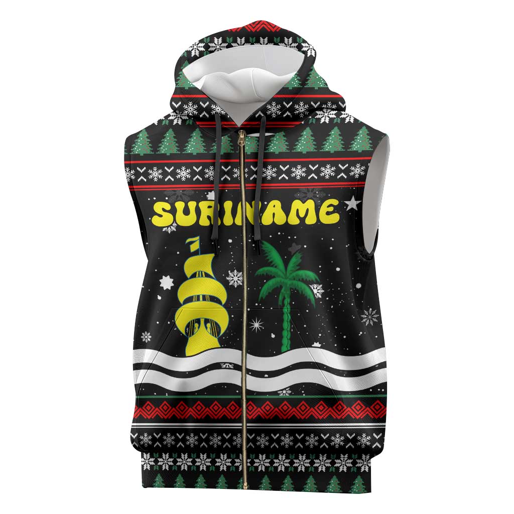 Suriname Christmas Sleeveless Zip Hoodie with Black Festive Pattern, Golden Ship, Palm Tree, and Coat of Arms Motif - Wonder Print Shop