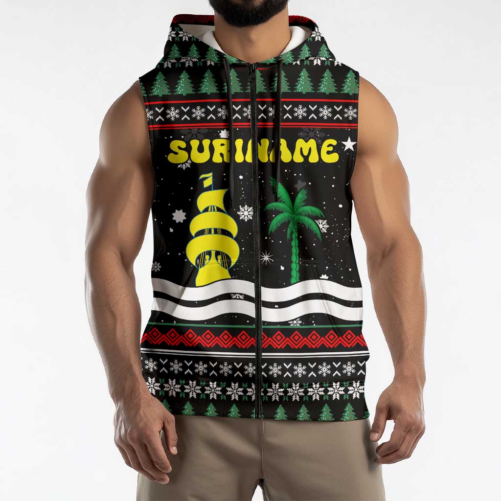 Suriname Christmas Sleeveless Zip Hoodie with Black Festive Pattern, Golden Ship, Palm Tree, and Coat of Arms Motif - Wonder Print Shop