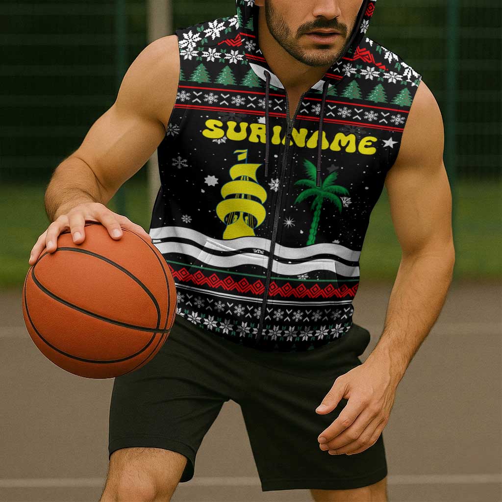 Suriname Christmas Sleeveless Zip Hoodie with Black Festive Pattern, Golden Ship, Palm Tree, and Coat of Arms Motif - Wonder Print Shop
