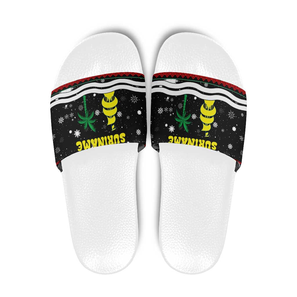 Suriname Christmas Slide Sandals with Black Festive Pattern, Golden Ship, Palm Tree, and Coat of Arms Motif - Wonder Print Shop