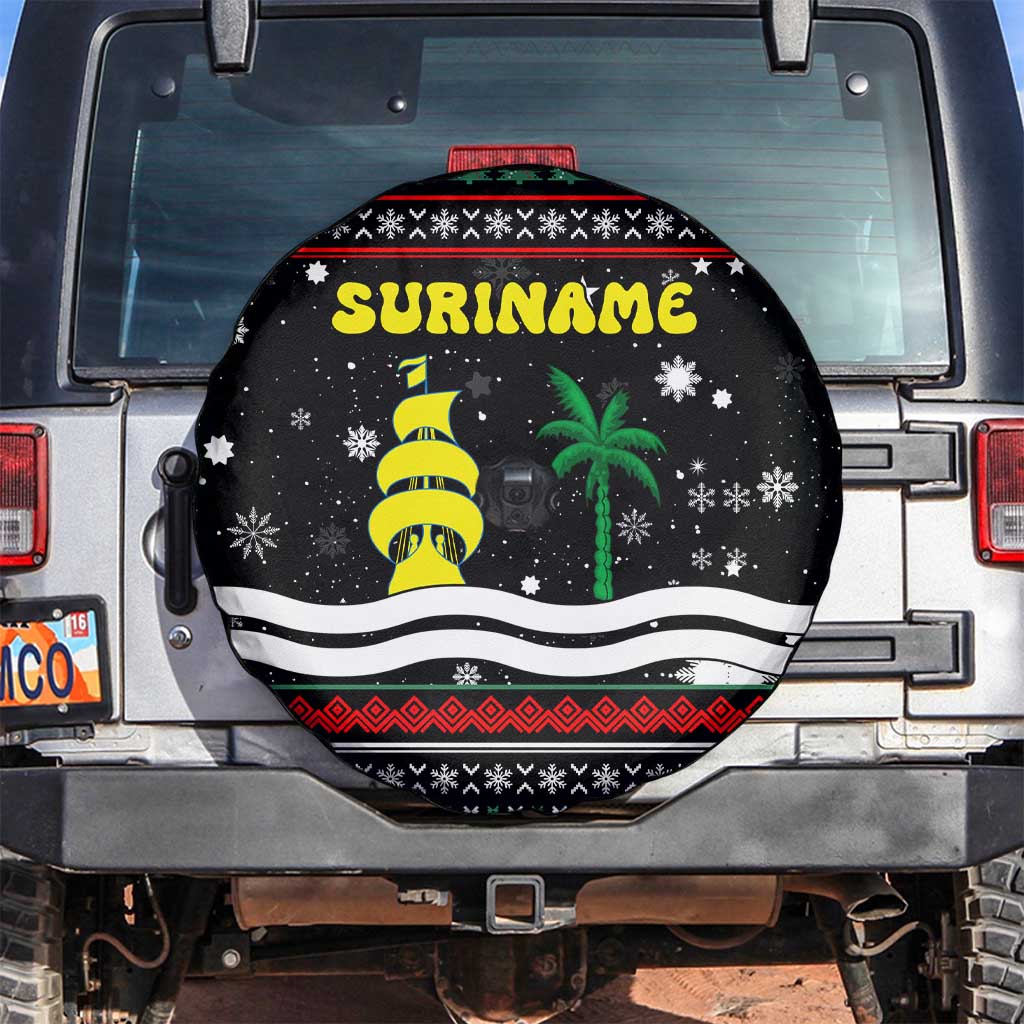 Suriname Christmas Spare Tire Cover with Black Festive Pattern, Golden Ship, Palm Tree, and Coat of Arms Motif - Wonder Print Shop