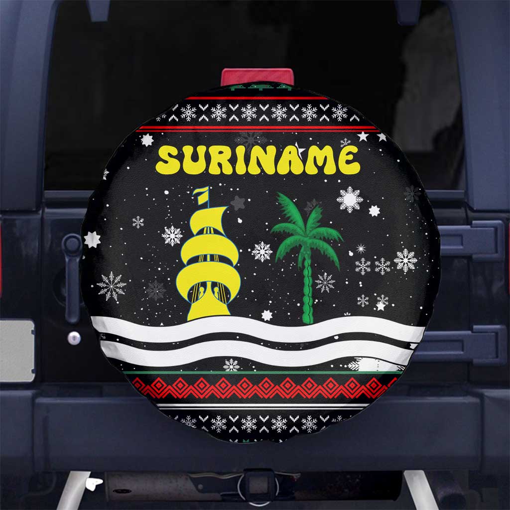 Suriname Christmas Spare Tire Cover with Black Festive Pattern, Golden Ship, Palm Tree, and Coat of Arms Motif - Wonder Print Shop