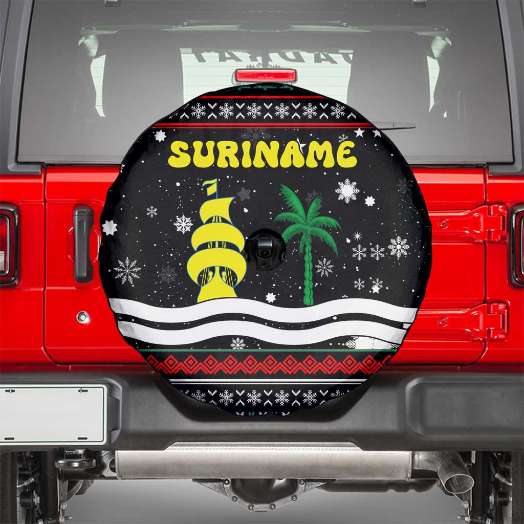 Suriname Christmas Spare Tire Cover with Black Festive Pattern, Golden Ship, Palm Tree, and Coat of Arms Motif - Wonder Print Shop