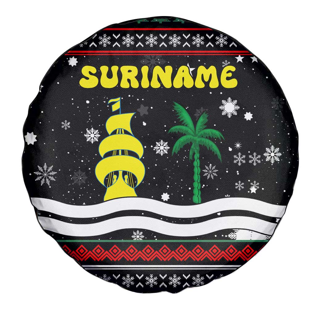 Suriname Christmas Spare Tire Cover with Black Festive Pattern, Golden Ship, Palm Tree, and Coat of Arms Motif - Wonder Print Shop