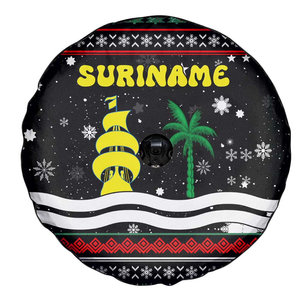Suriname Christmas Spare Tire Cover with Black Festive Pattern, Golden Ship, Palm Tree, and Coat of Arms Motif - Wonder Print Shop