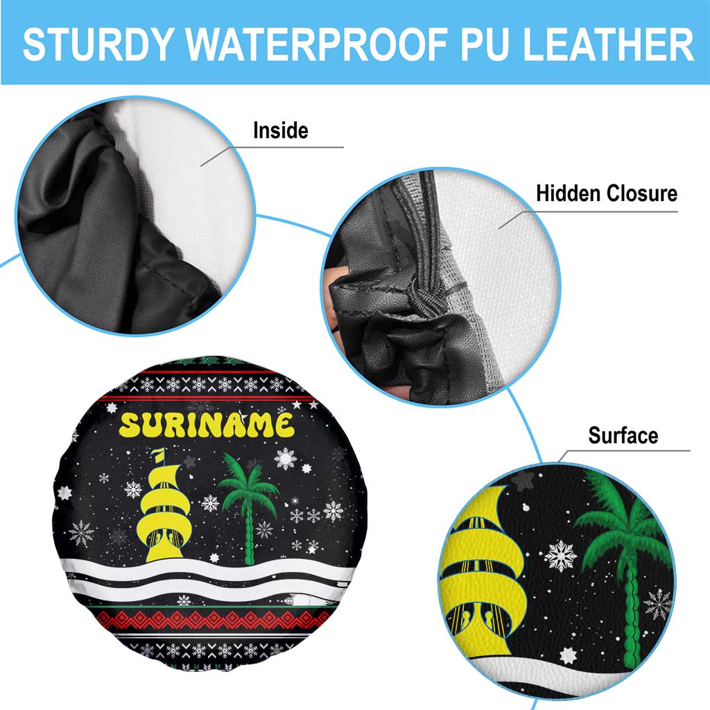 Suriname Christmas Spare Tire Cover with Black Festive Pattern, Golden Ship, Palm Tree, and Coat of Arms Motif - Wonder Print Shop