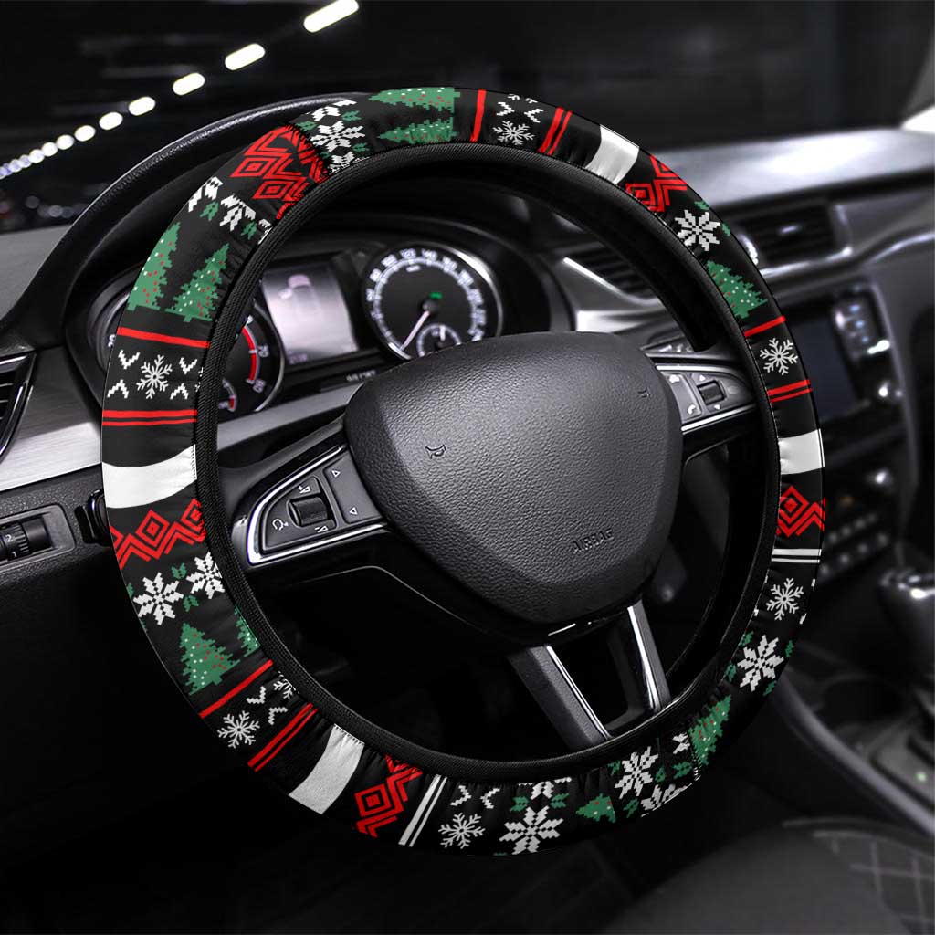 Suriname Christmas Steering Wheel Cover with Black Festive Pattern, Golden Ship, Palm Tree, and Coat of Arms Motif - Wonder Print Shop