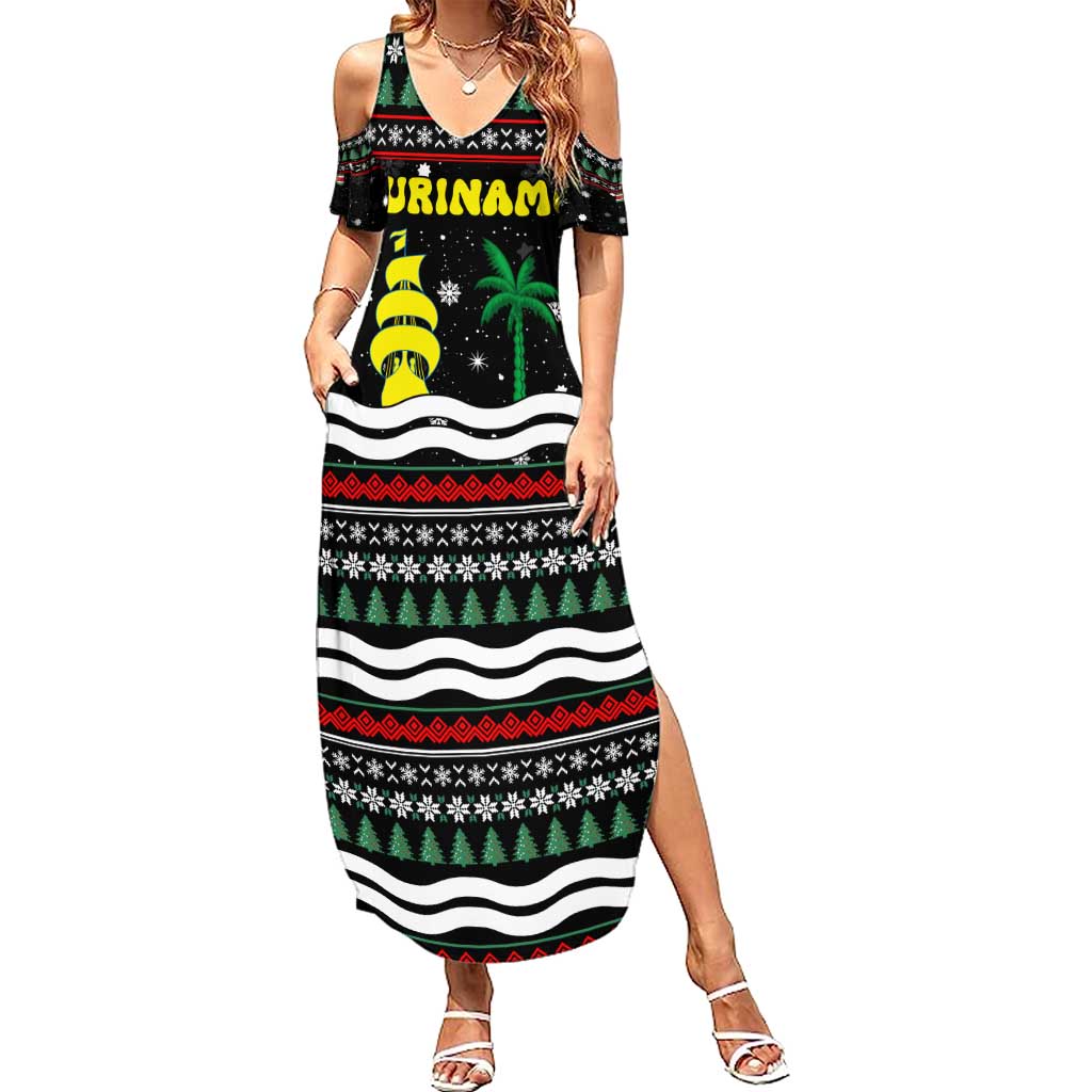 Suriname Christmas Summer Maxi Dress with Black Festive Pattern, Golden Ship, Palm Tree, and Coat of Arms Motif - Wonder Print Shop