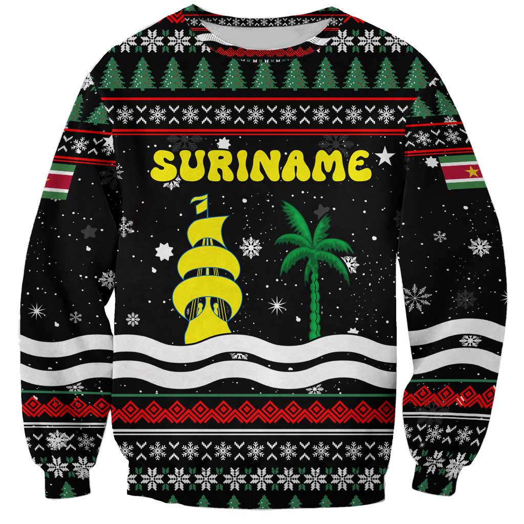 Suriname Christmas Sweatshirt with Black Festive Pattern, Golden Ship, Palm Tree, and Coat of Arms Motif - Wonder Print Shop