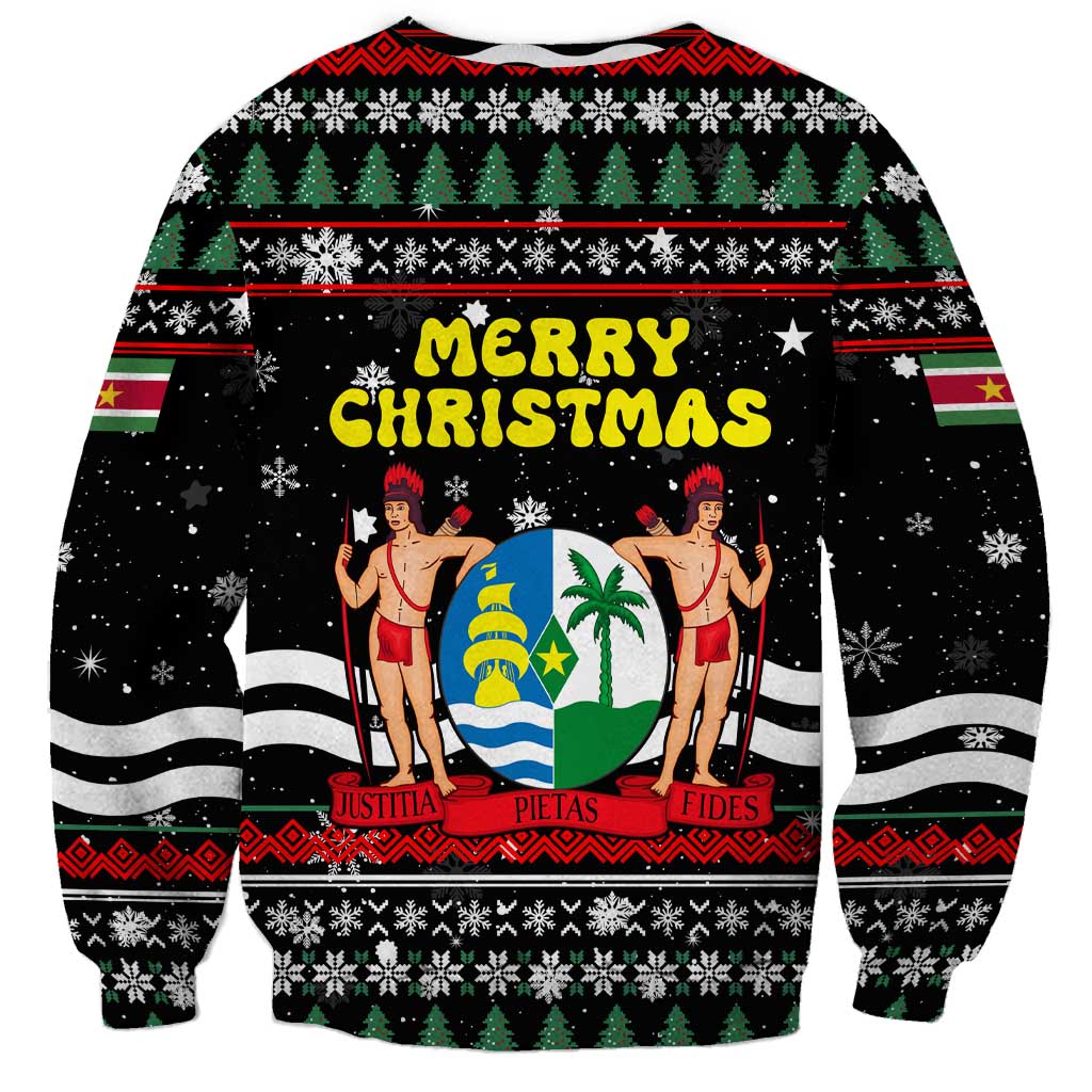 Suriname Christmas Sweatshirt with Black Festive Pattern, Golden Ship, Palm Tree, and Coat of Arms Motif - Wonder Print Shop
