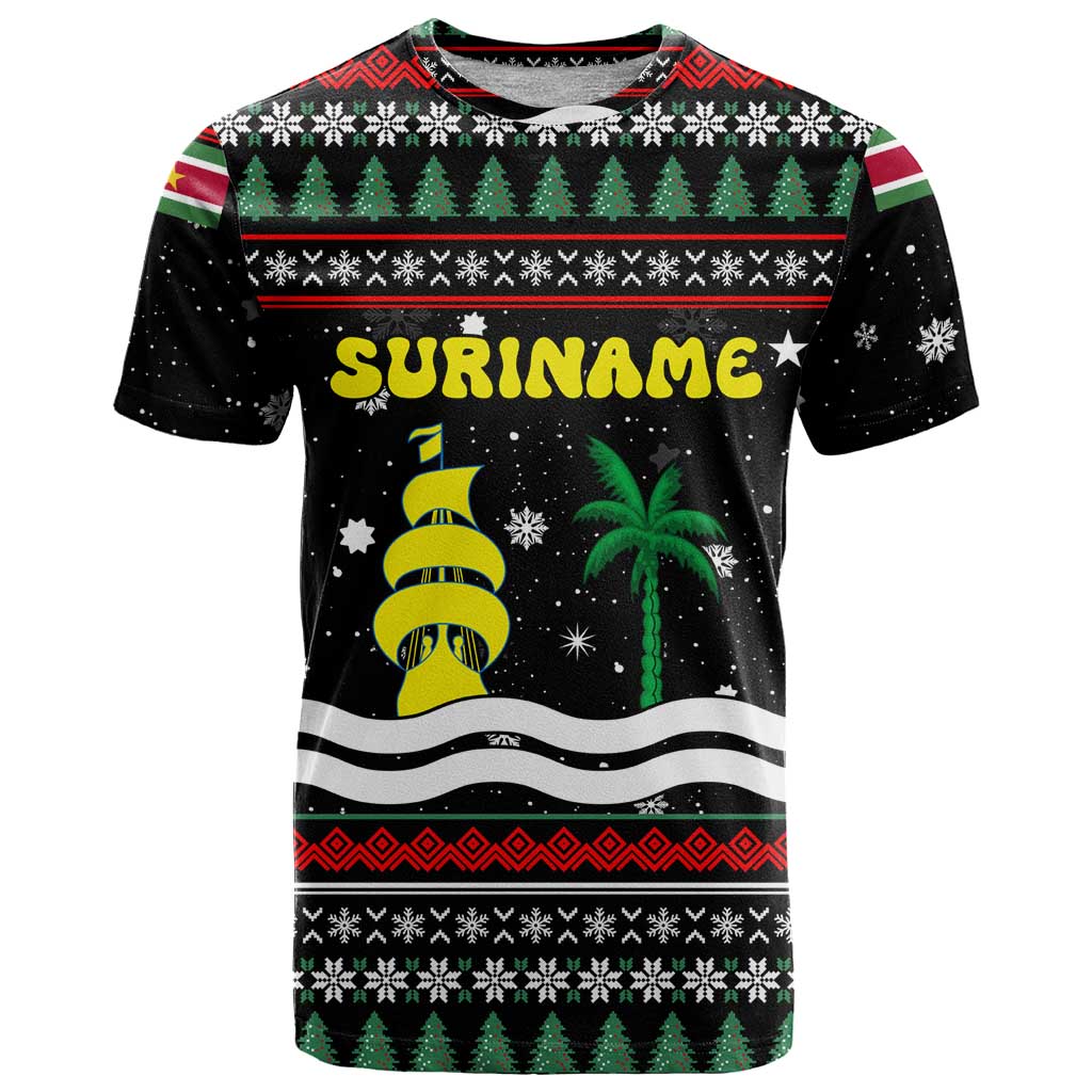 Suriname Christmas T Shirt with Black Festive Pattern, Golden Ship, Palm Tree, and Coat of Arms Motif - Wonder Print Shop