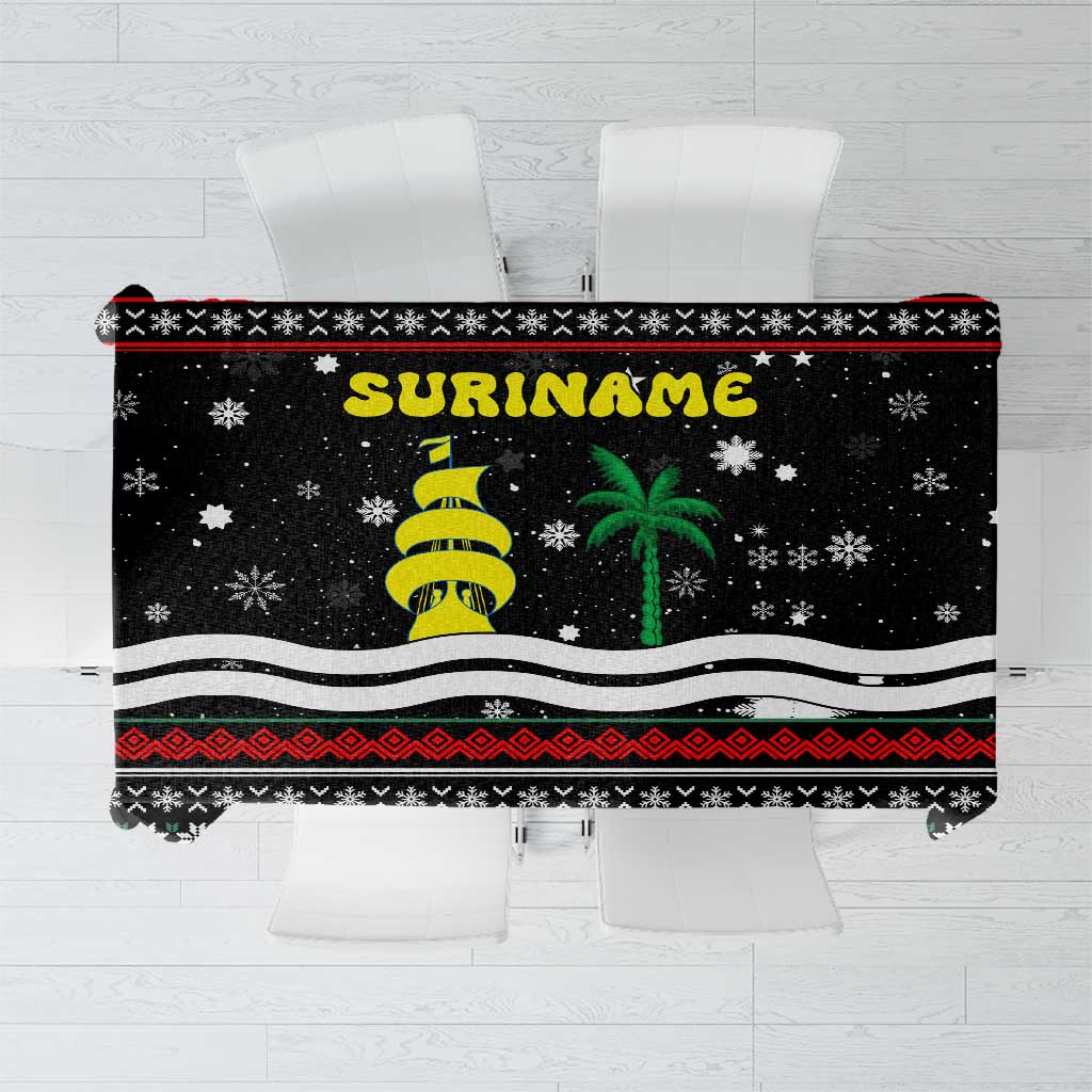 Suriname Christmas Tablecloth with Black Festive Pattern, Golden Ship, Palm Tree, and Coat of Arms Motif - Wonder Print Shop