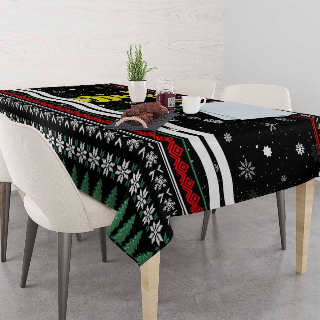 Suriname Christmas Tablecloth with Black Festive Pattern, Golden Ship, Palm Tree, and Coat of Arms Motif - Wonder Print Shop