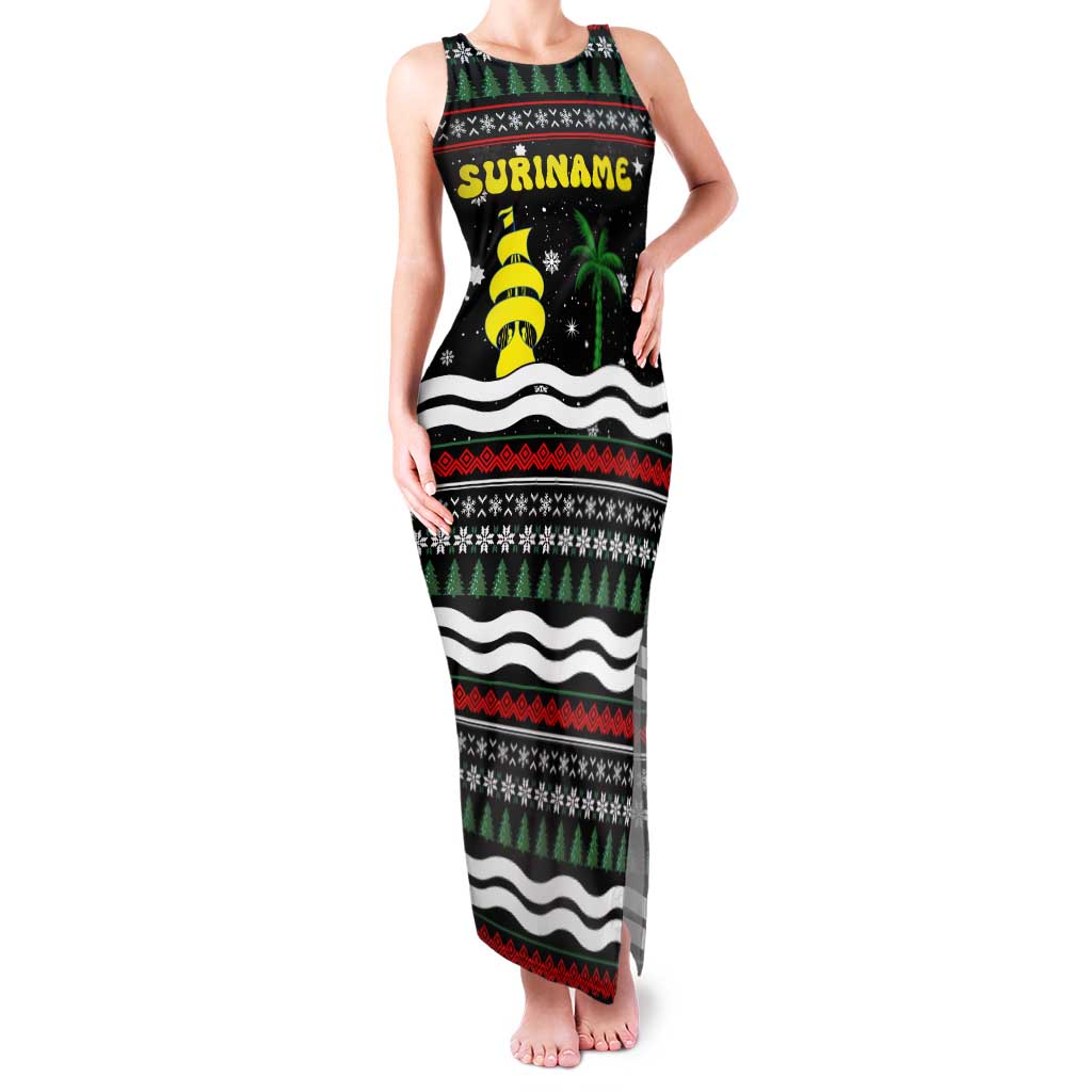Suriname Christmas Tank Maxi Dress with Black Festive Pattern, Golden Ship, Palm Tree, and Coat of Arms Motif - Wonder Print Shop
