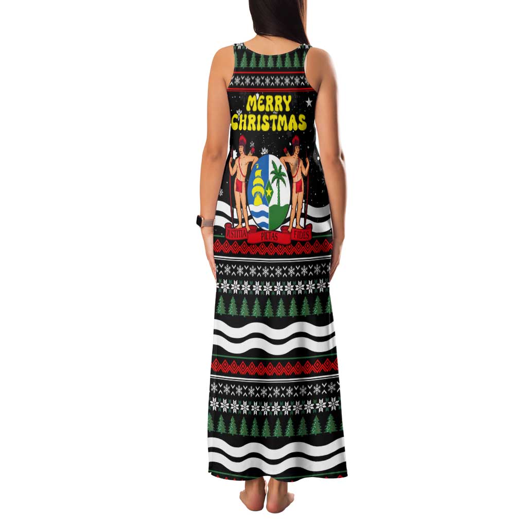 Suriname Christmas Tank Maxi Dress with Black Festive Pattern, Golden Ship, Palm Tree, and Coat of Arms Motif - Wonder Print Shop