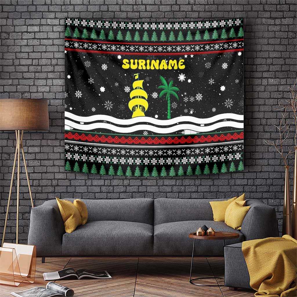 Suriname Christmas Tapestry with Black Festive Pattern, Golden Ship, Palm Tree, and Coat of Arms Motif - Wonder Print Shop