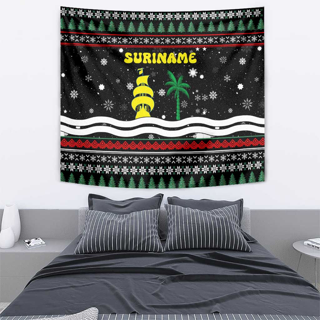 Suriname Christmas Tapestry with Black Festive Pattern, Golden Ship, Palm Tree, and Coat of Arms Motif - Wonder Print Shop
