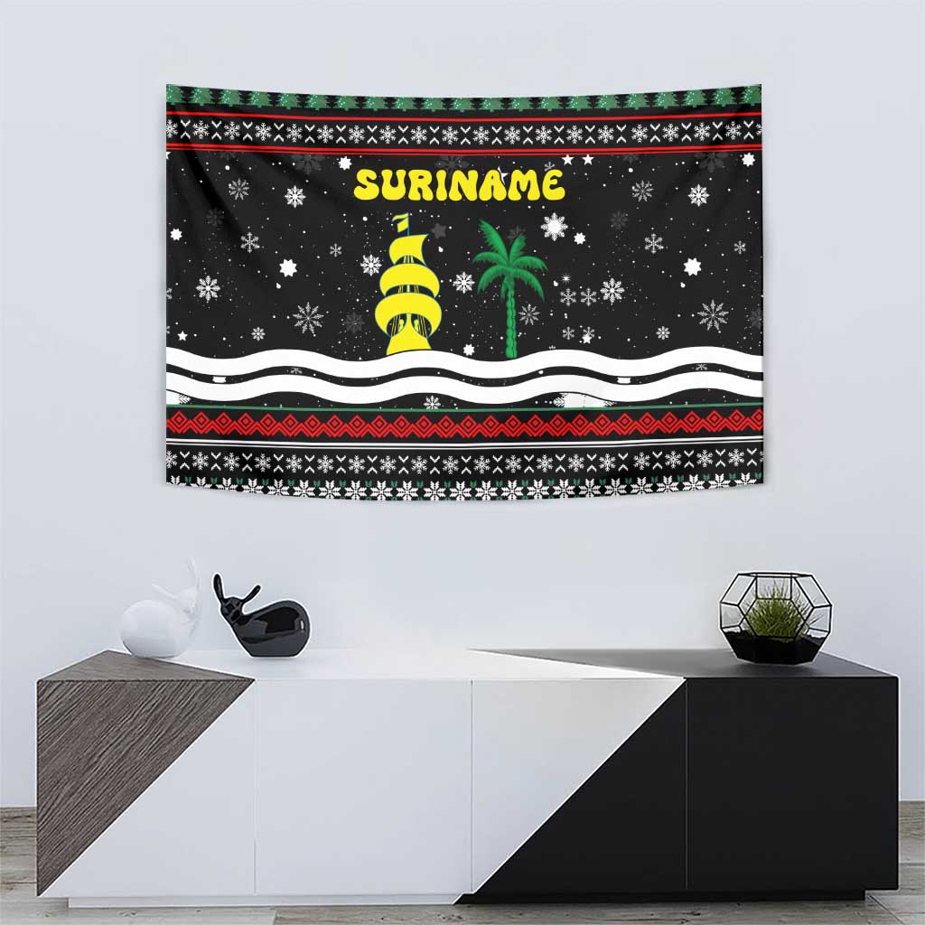 Suriname Christmas Tapestry with Black Festive Pattern, Golden Ship, Palm Tree, and Coat of Arms Motif - Wonder Print Shop
