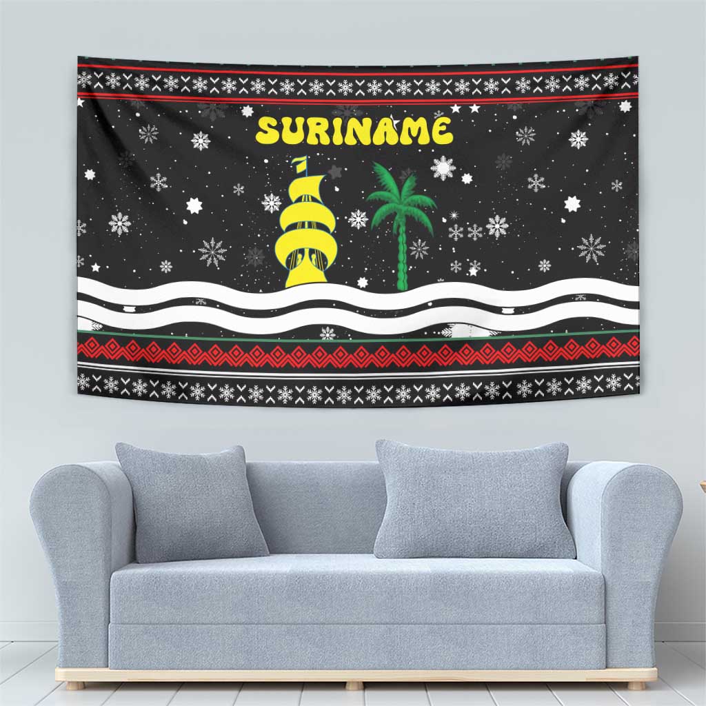 Suriname Christmas Tapestry with Black Festive Pattern, Golden Ship, Palm Tree, and Coat of Arms Motif - Wonder Print Shop