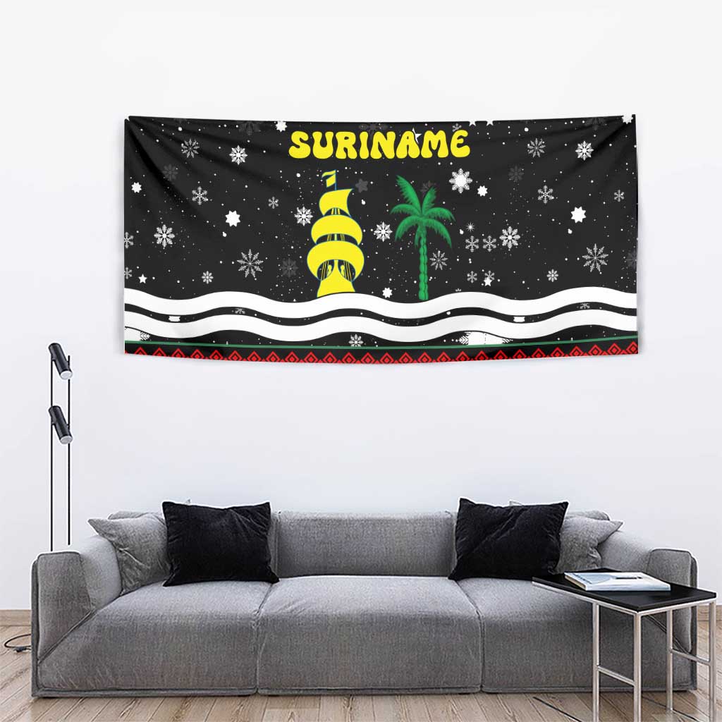 Suriname Christmas Tapestry with Black Festive Pattern, Golden Ship, Palm Tree, and Coat of Arms Motif - Wonder Print Shop