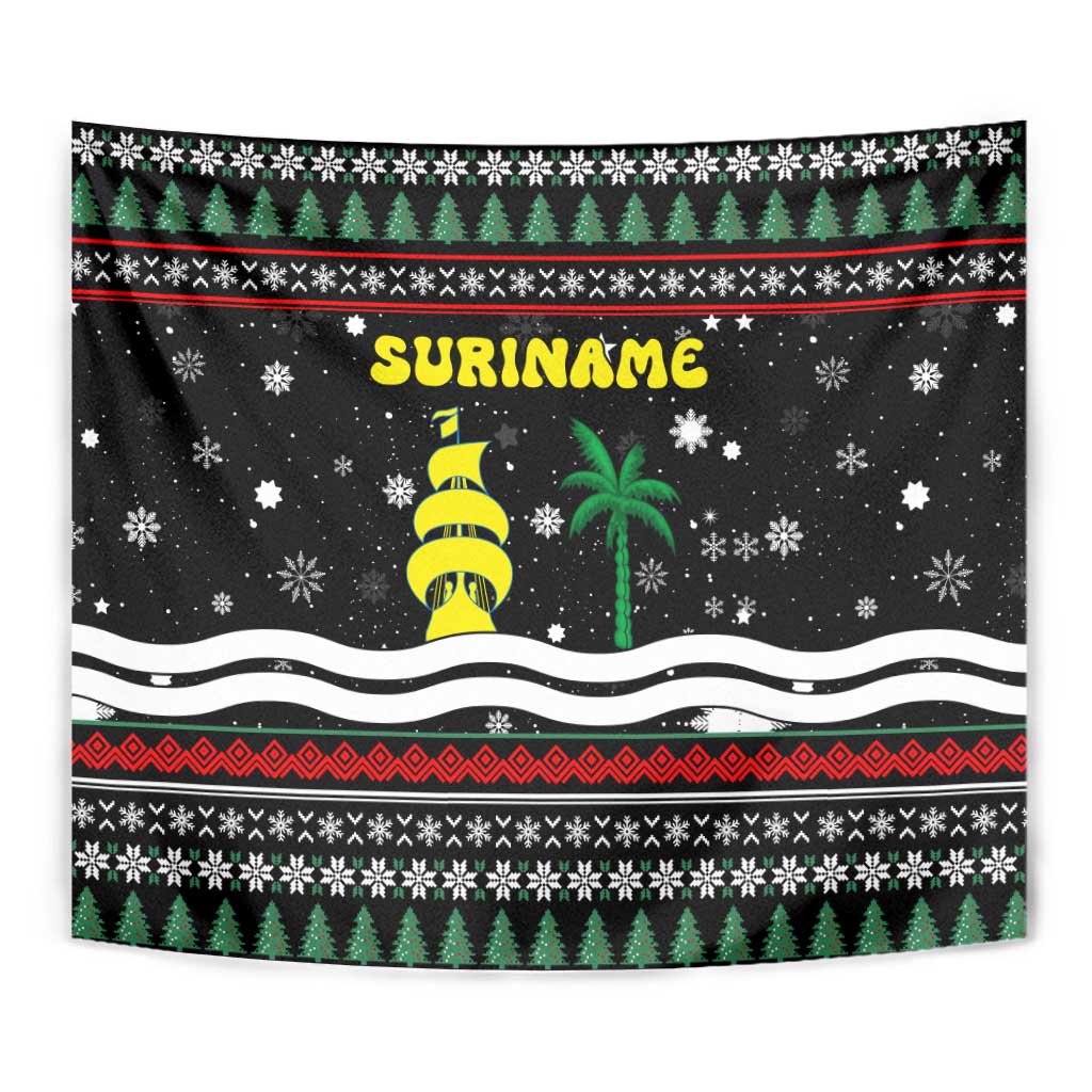 Suriname Christmas Tapestry with Black Festive Pattern, Golden Ship, Palm Tree, and Coat of Arms Motif - Wonder Print Shop