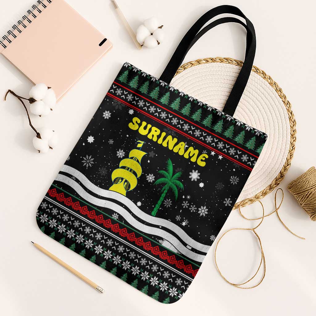 Suriname Christmas Tote Bag with Black Festive Pattern, Golden Ship, Palm Tree, and Coat of Arms Motif - Wonder Print Shop