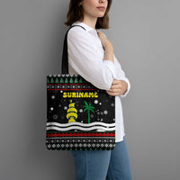 Suriname Christmas Tote Bag with Black Festive Pattern, Golden Ship, Palm Tree, and Coat of Arms Motif - Wonder Print Shop