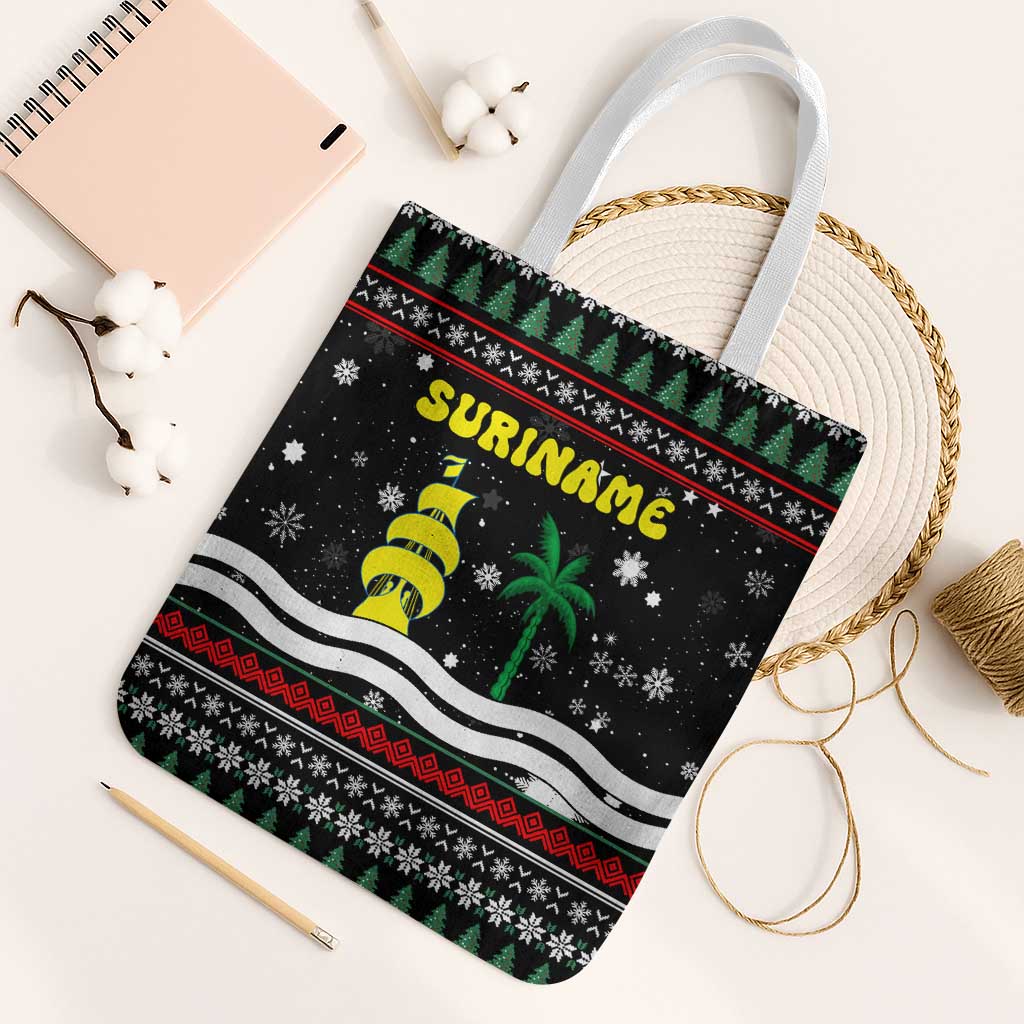 Suriname Christmas Tote Bag with Black Festive Pattern, Golden Ship, Palm Tree, and Coat of Arms Motif - Wonder Print Shop