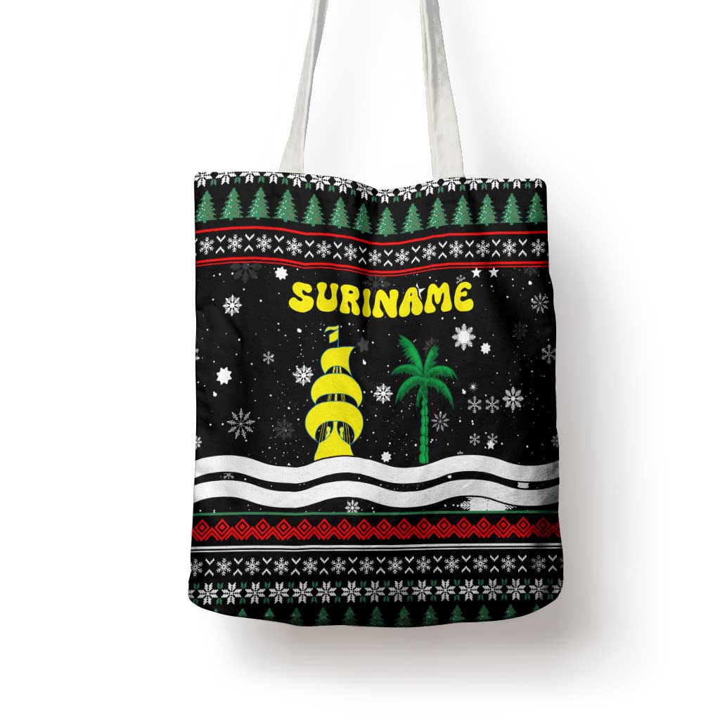 Suriname Christmas Tote Bag with Black Festive Pattern, Golden Ship, Palm Tree, and Coat of Arms Motif - Wonder Print Shop