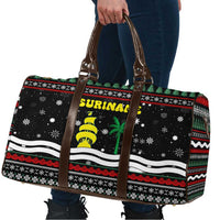 Suriname Christmas Travel Bag with Black Festive Pattern, Golden Ship, Palm Tree, and Coat of Arms Motif - Wonder Print Shop