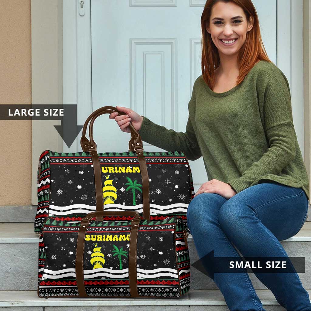 Suriname Christmas Travel Bag with Black Festive Pattern, Golden Ship, Palm Tree, and Coat of Arms Motif - Wonder Print Shop