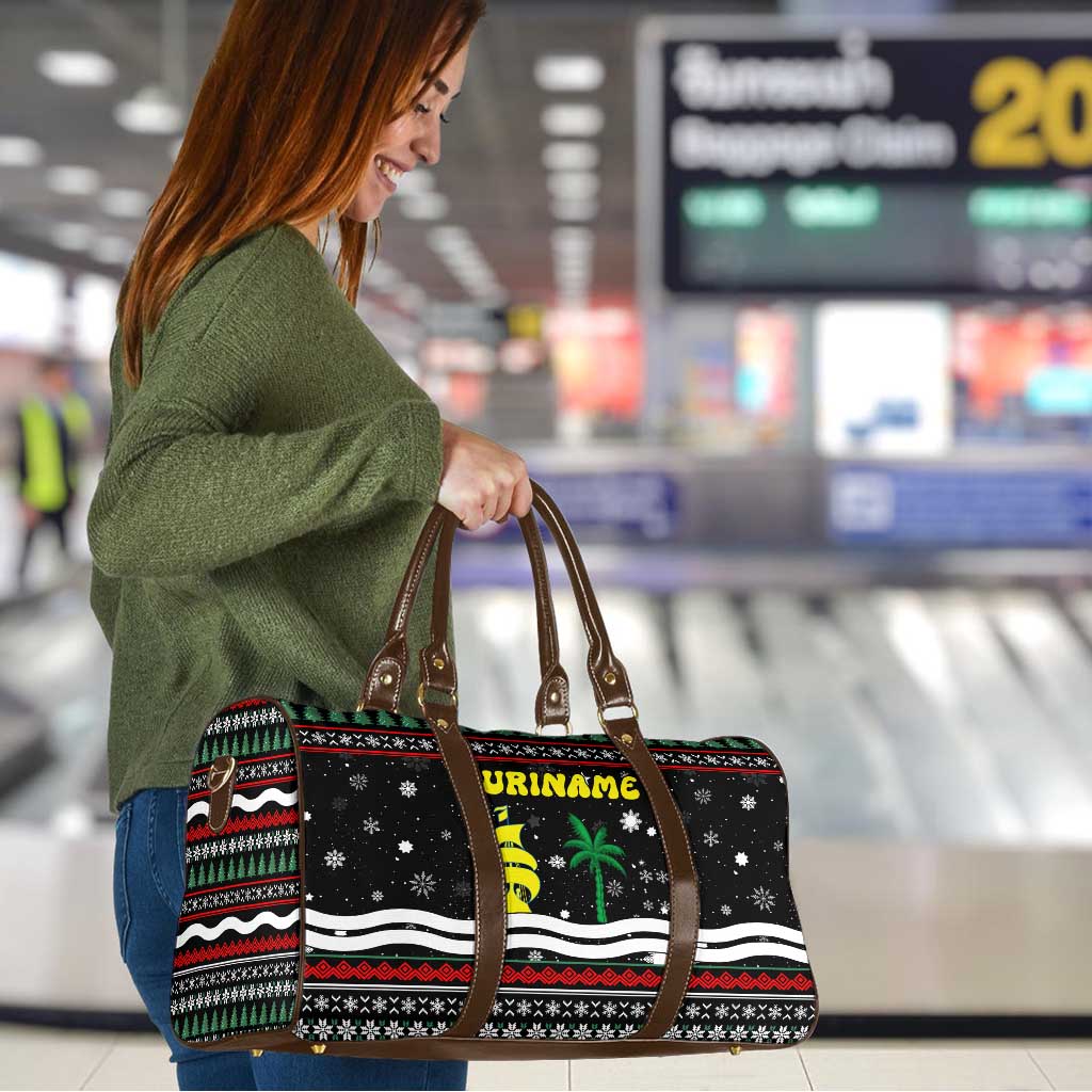 Suriname Christmas Travel Bag with Black Festive Pattern, Golden Ship, Palm Tree, and Coat of Arms Motif - Wonder Print Shop