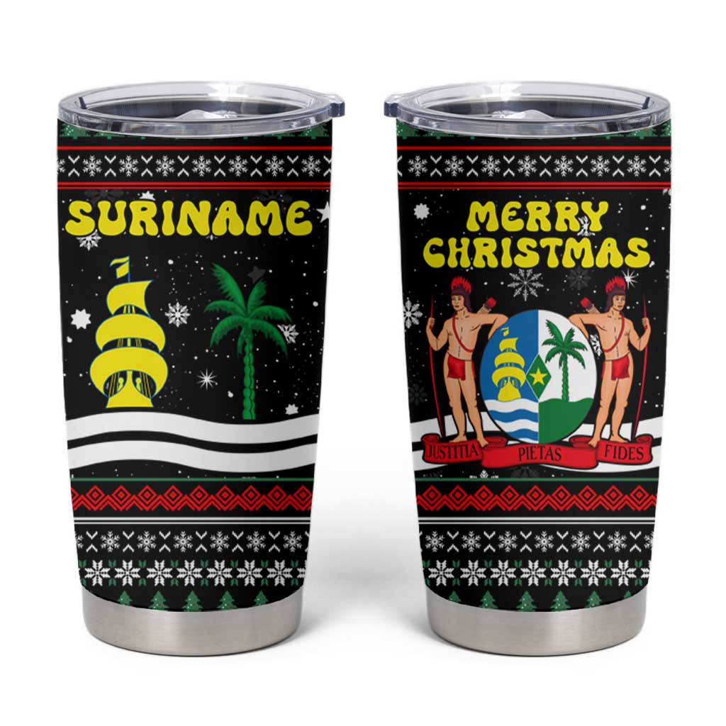 Suriname Christmas Tumbler Cup with Black Festive Pattern, Golden Ship, Palm Tree, and Coat of Arms Motif - Wonder Print Shop