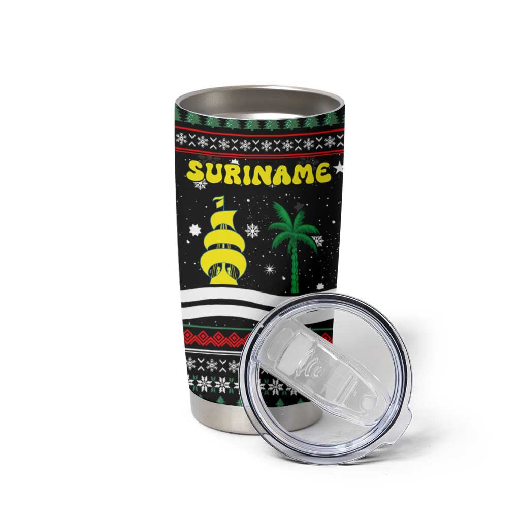 Suriname Christmas Tumbler Cup with Black Festive Pattern, Golden Ship, Palm Tree, and Coat of Arms Motif - Wonder Print Shop