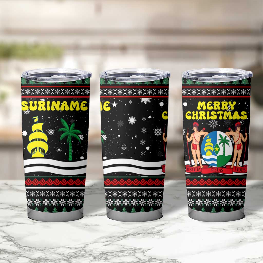 Suriname Christmas Tumbler Cup with Black Festive Pattern, Golden Ship, Palm Tree, and Coat of Arms Motif - Wonder Print Shop