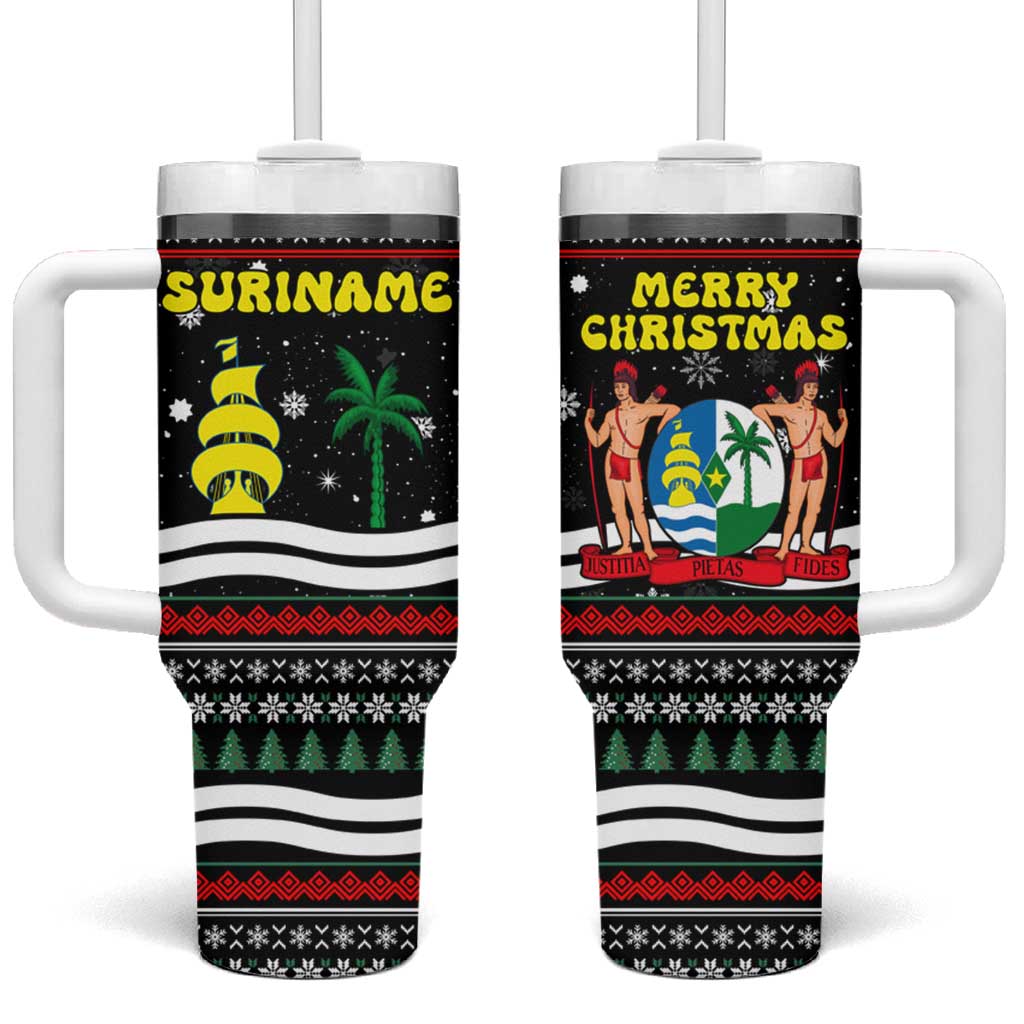 Suriname Christmas Tumbler With Handle with Black Festive Pattern, Golden Ship, Palm Tree, and Coat of Arms Motif - Wonder Print Shop