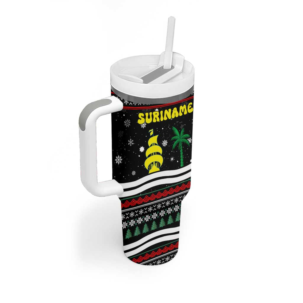 Suriname Christmas Tumbler With Handle with Black Festive Pattern, Golden Ship, Palm Tree, and Coat of Arms Motif - Wonder Print Shop