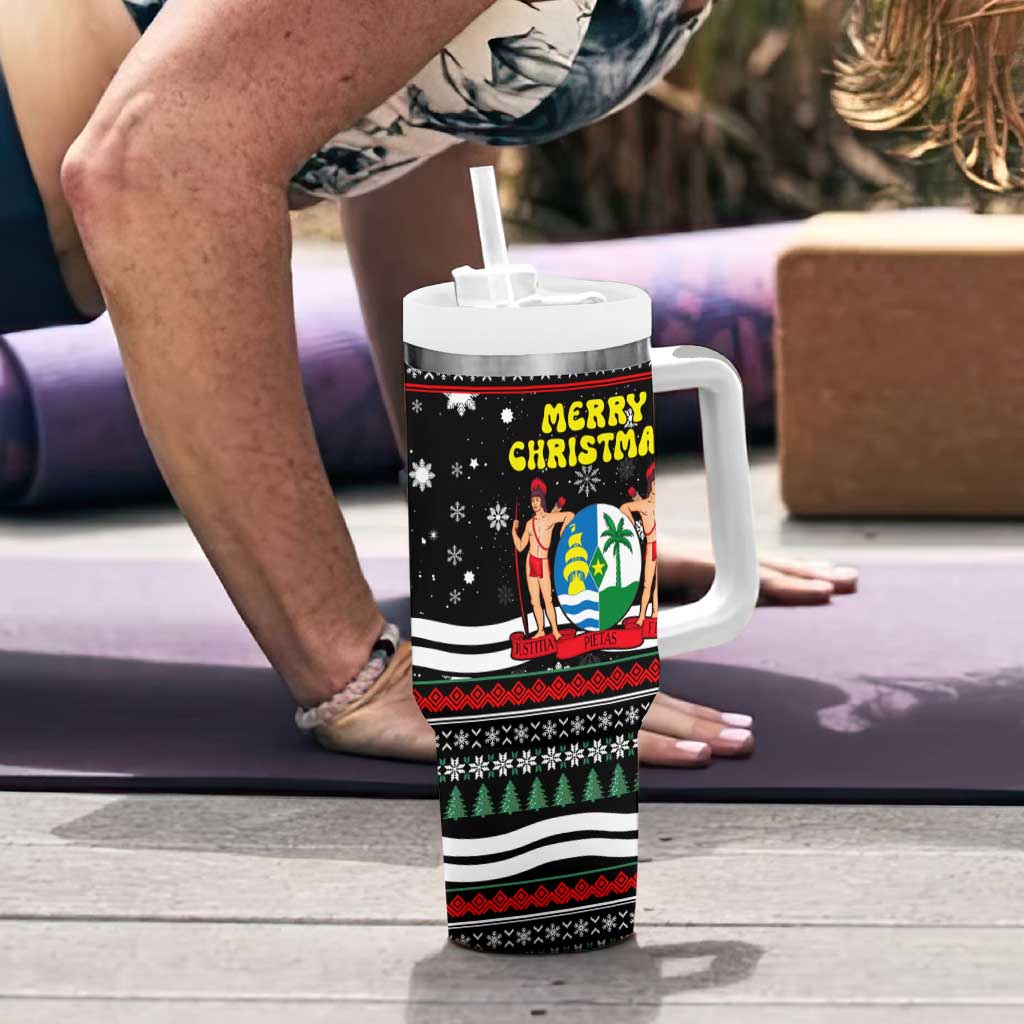 Suriname Christmas Tumbler With Handle with Black Festive Pattern, Golden Ship, Palm Tree, and Coat of Arms Motif - Wonder Print Shop