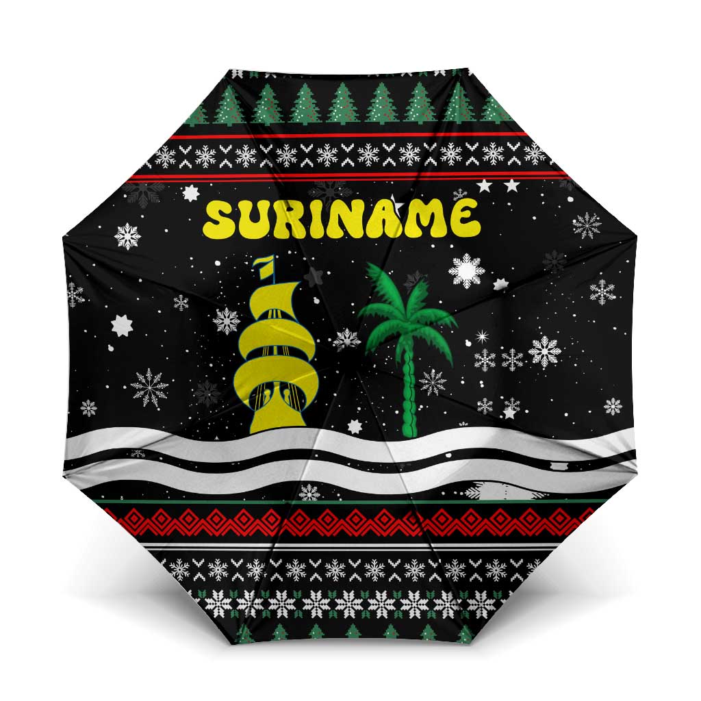 Suriname Christmas Umbrella with Black Festive Pattern, Golden Ship, Palm Tree, and Coat of Arms Motif - Wonder Print Shop