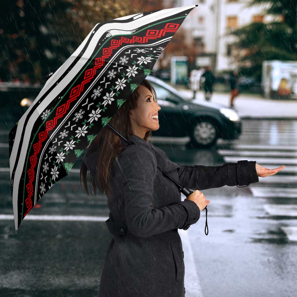Suriname Christmas Umbrella with Black Festive Pattern, Golden Ship, Palm Tree, and Coat of Arms Motif - Wonder Print Shop