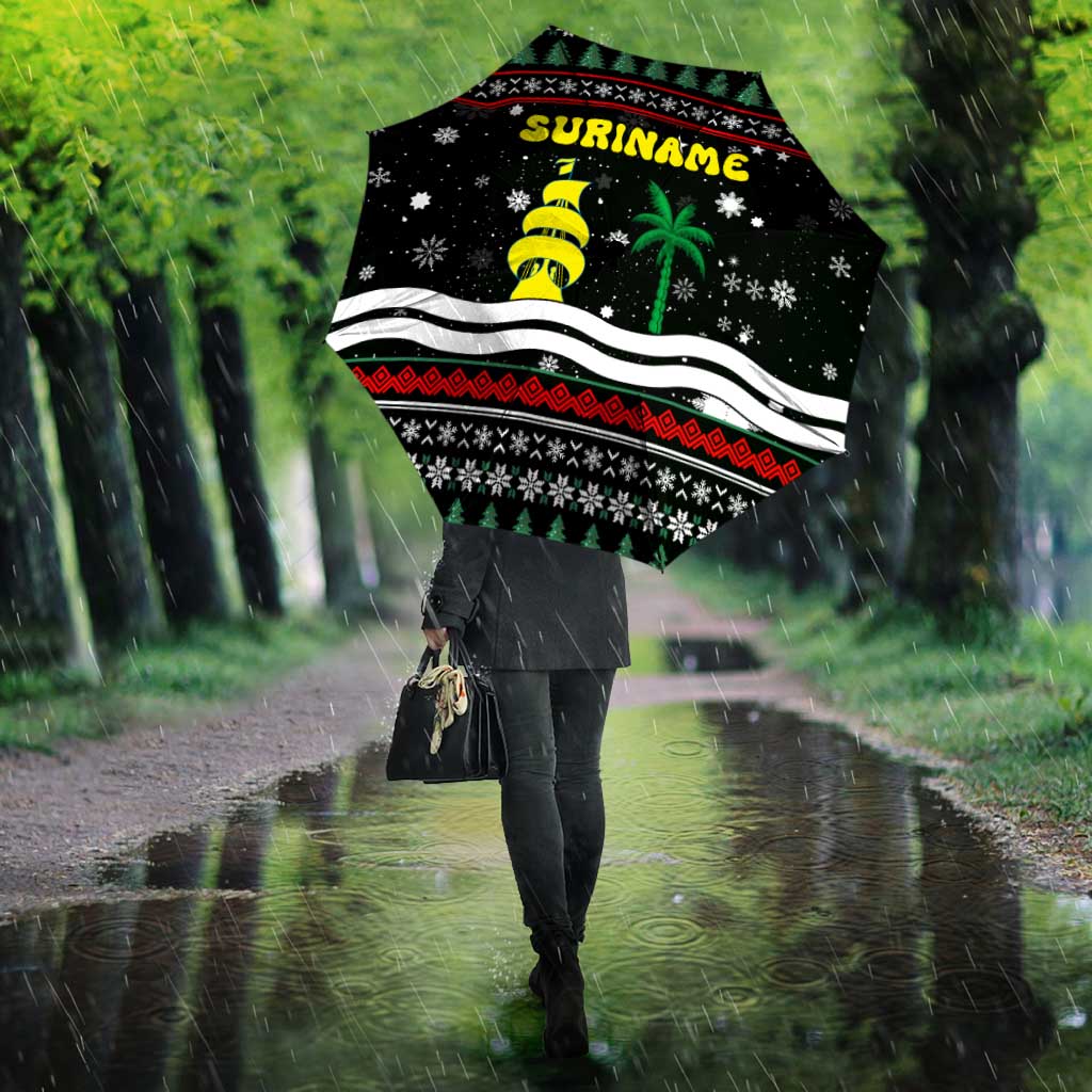 Suriname Christmas Umbrella with Black Festive Pattern, Golden Ship, Palm Tree, and Coat of Arms Motif - Wonder Print Shop