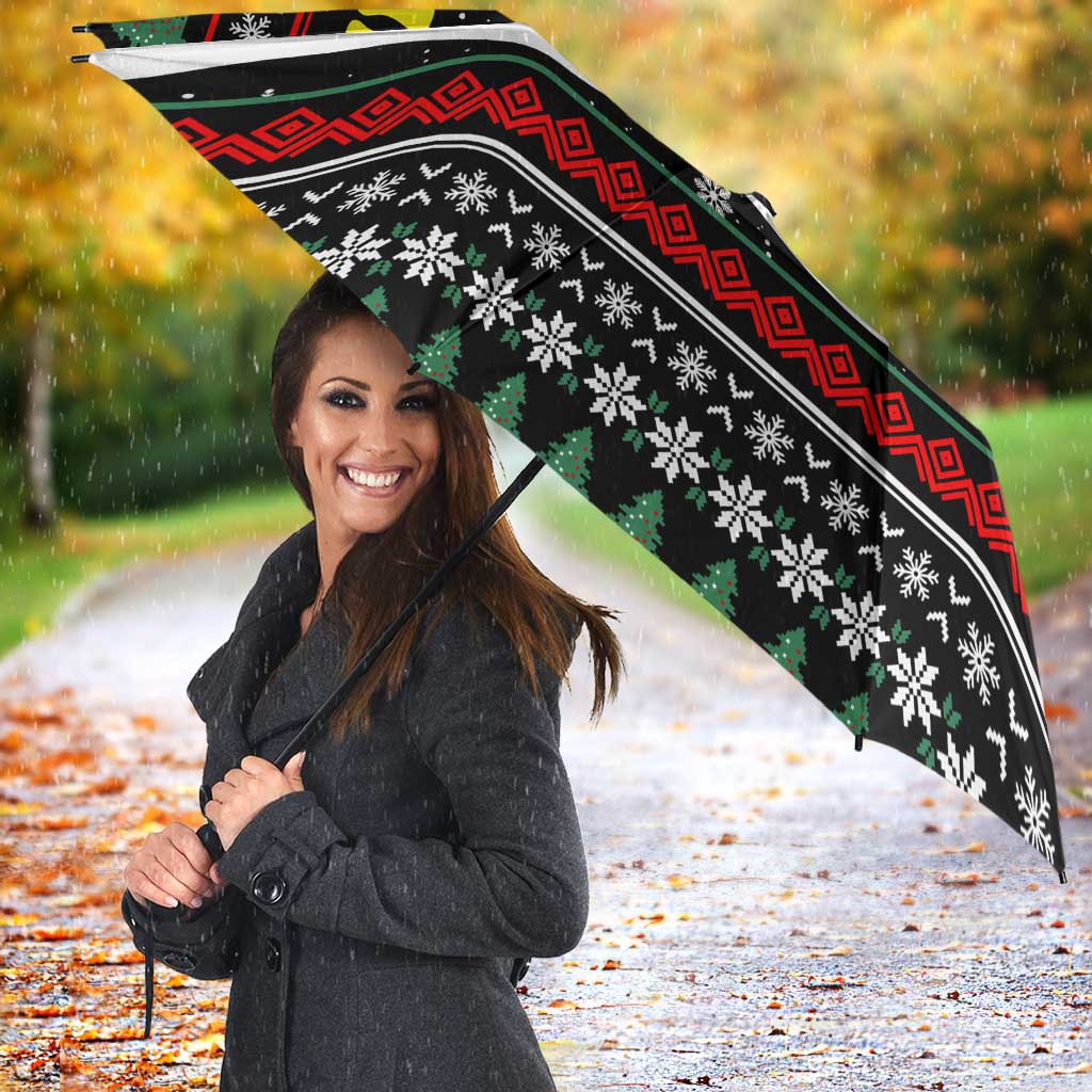 Suriname Christmas Umbrella with Black Festive Pattern, Golden Ship, Palm Tree, and Coat of Arms Motif - Wonder Print Shop