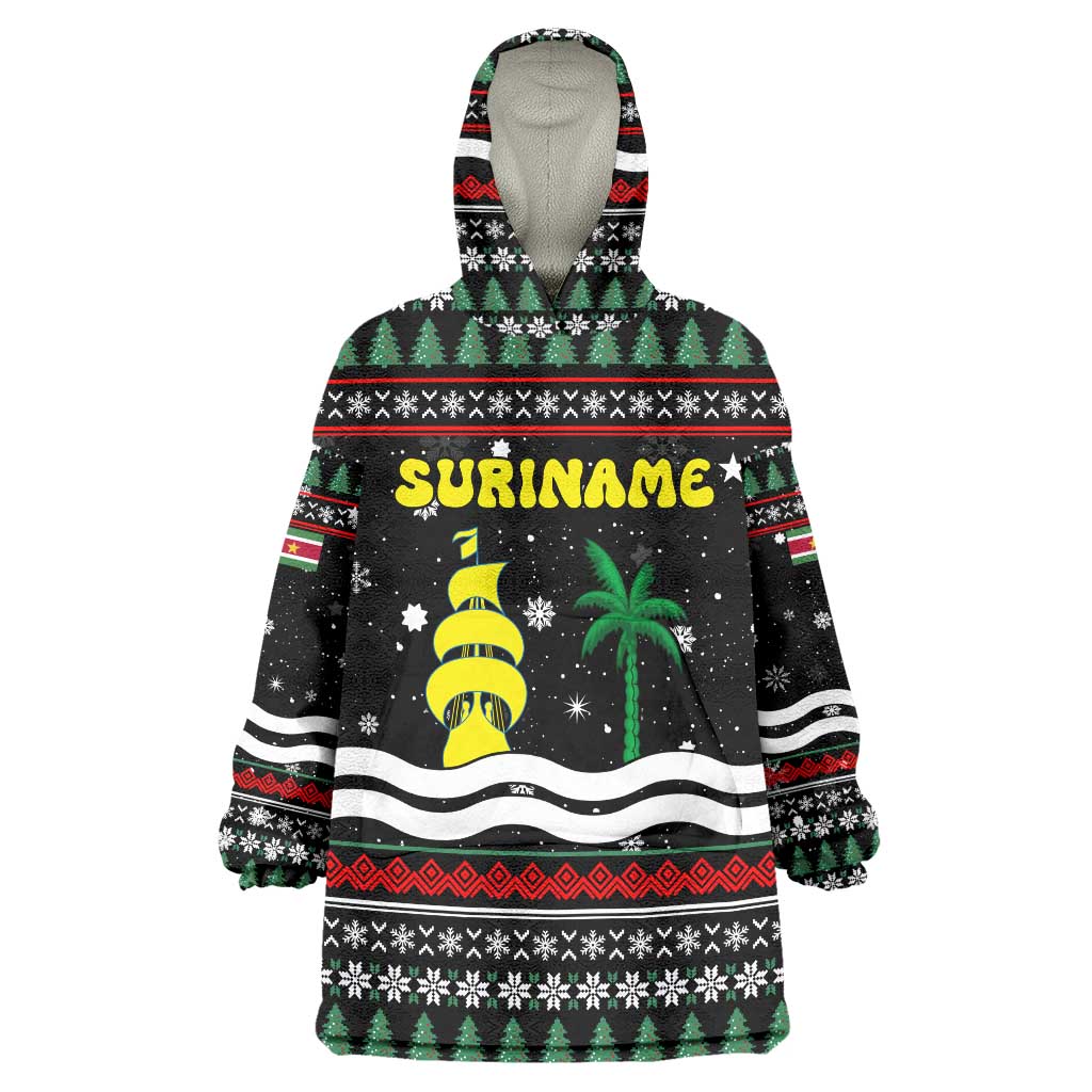 Suriname Christmas Wearable Blanket Hoodie with Black Festive Pattern, Golden Ship, Palm Tree, and Coat of Arms Motif - Wonder Print Shop