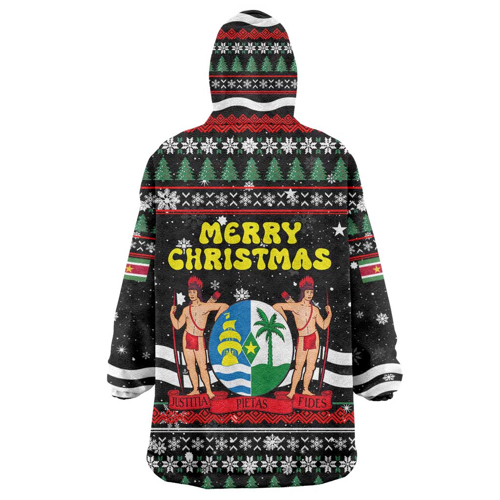 Suriname Christmas Wearable Blanket Hoodie with Black Festive Pattern, Golden Ship, Palm Tree, and Coat of Arms Motif - Wonder Print Shop