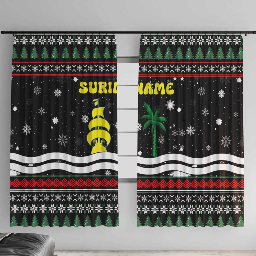 Suriname Christmas Window Curtain with Black Festive Pattern, Golden Ship, Palm Tree, and Coat of Arms Motif - Wonder Print Shop