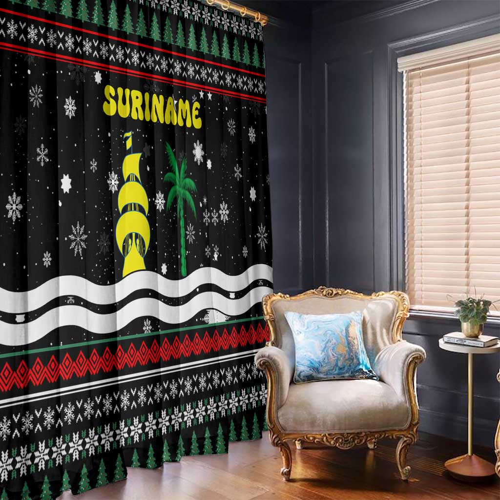 Suriname Christmas Window Curtain with Black Festive Pattern, Golden Ship, Palm Tree, and Coat of Arms Motif - Wonder Print Shop