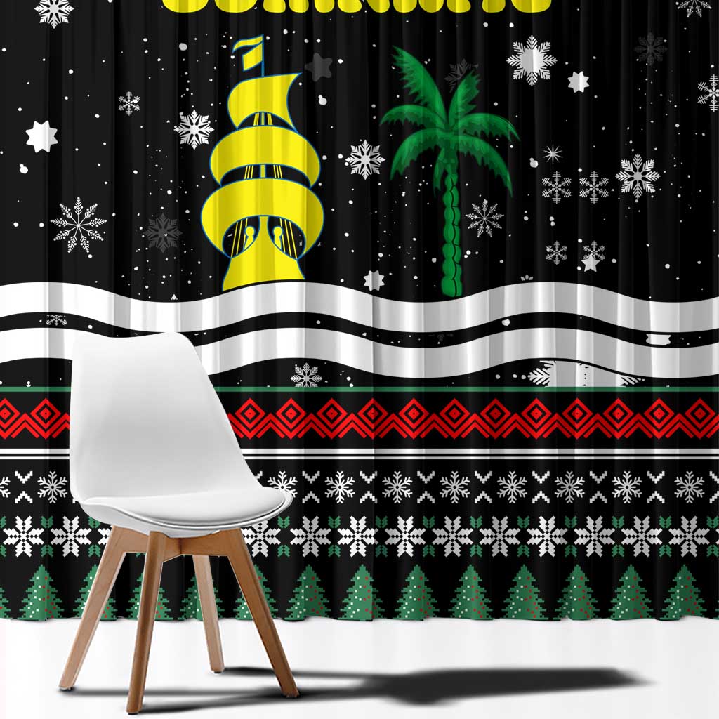Suriname Christmas Window Curtain with Black Festive Pattern, Golden Ship, Palm Tree, and Coat of Arms Motif - Wonder Print Shop