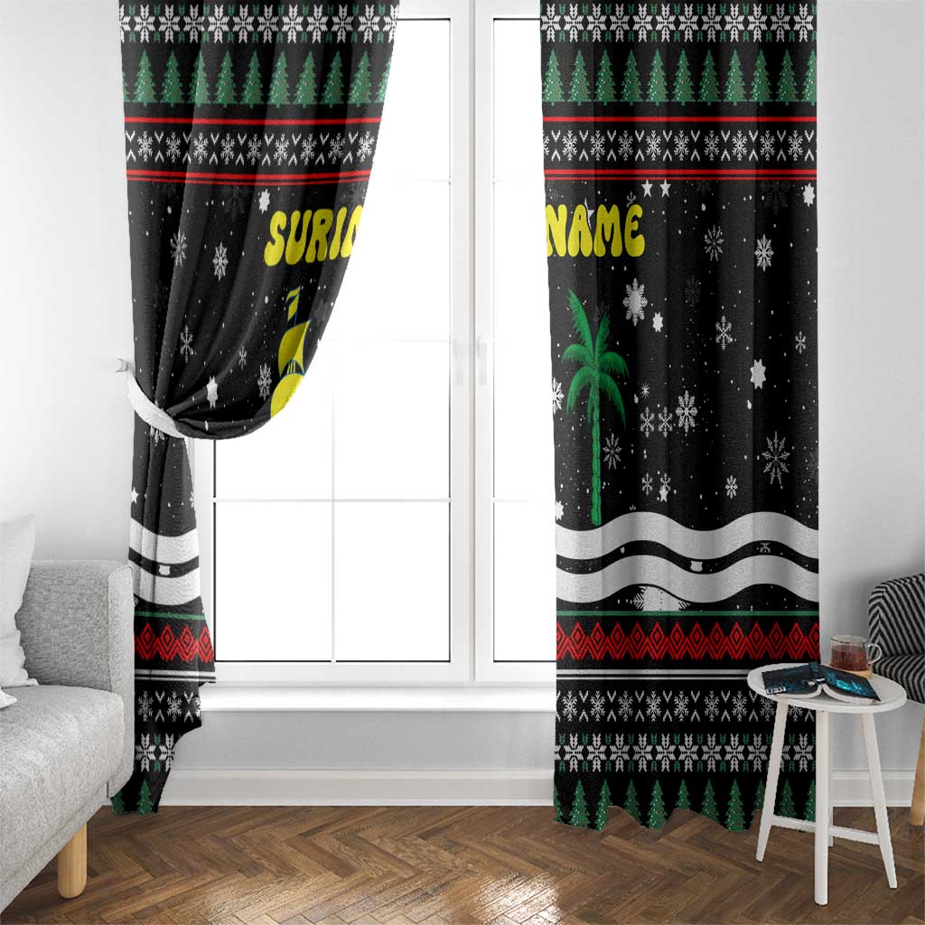 Suriname Christmas Window Curtain with Black Festive Pattern, Golden Ship, Palm Tree, and Coat of Arms Motif - Wonder Print Shop