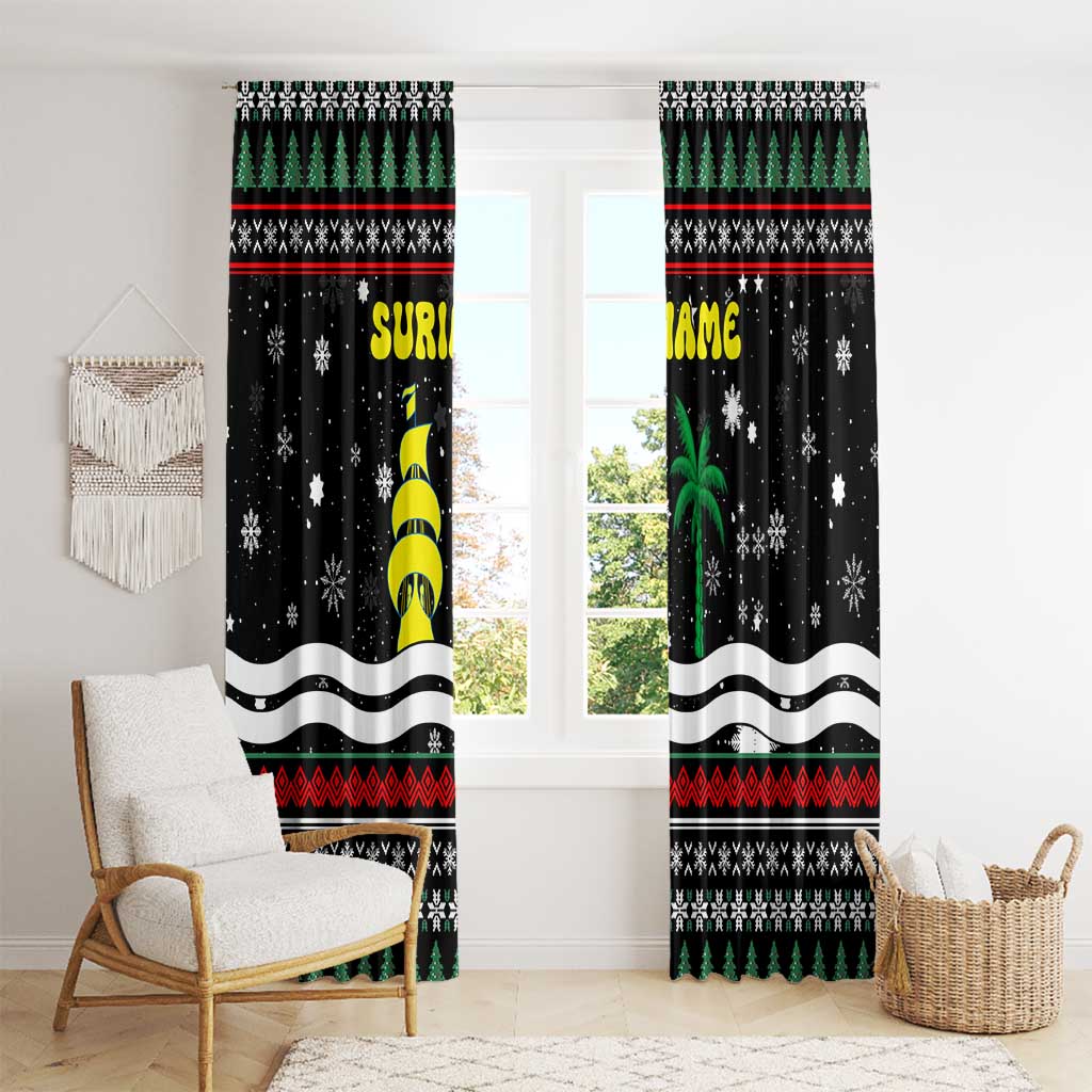 Suriname Christmas Window Curtain with Black Festive Pattern, Golden Ship, Palm Tree, and Coat of Arms Motif - Wonder Print Shop